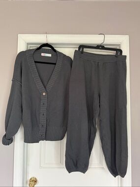 Free People Beach Charcoal Gray Knit Cardigan & Jogger Set